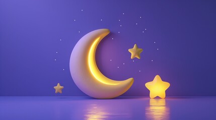 Naklejka premium Minimalistic glowing moon and stars on purple background, perfect for children's room decor or dreamy night-time ambiance. 3D Illustration.