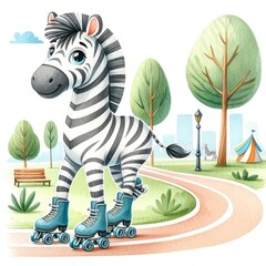 A cartoon zebra is riding roller skates in a park