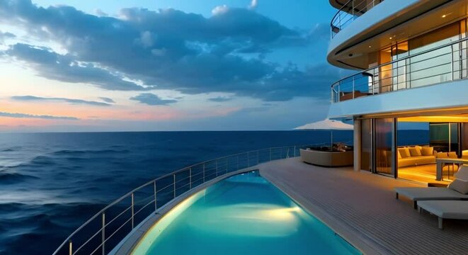 Luxurious cruise liner vacation with opulent amenities and breathtaking ocean views. Concept Luxury Cruises, Opulent Amenities, Breathtaking Views, Ocean Adventures