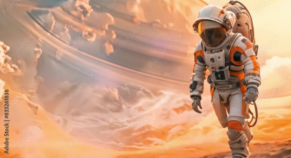 Poster exploring a foreign planet: d render of astronaut in cosmosuit walking on surface. concept space exp