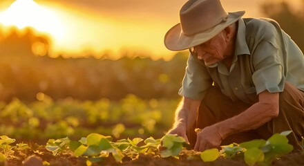 Dedicated senior farmer tending to young plants in sunlit field at sunset. Concept Farm Life, Agriculture, Sunset, Rural Setting, Senior Farmer