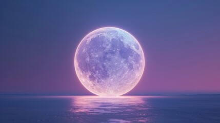 Surreal digital art of a glowing moon reflecting on calm ocean water with a gradient sky, creating a tranquil, otherworldly scene. 3D Illustration.