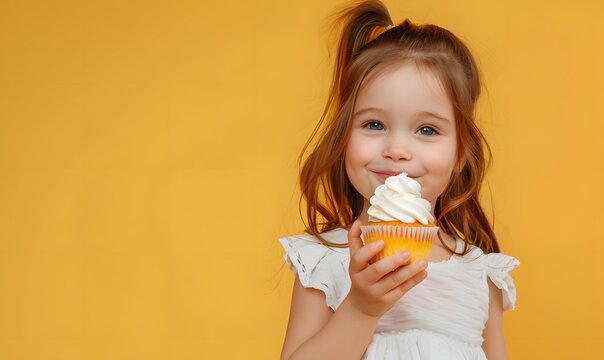 cute little girl holding sweet cupcake with whipped cream on yellow background, Generative AI - Powered by Adobe