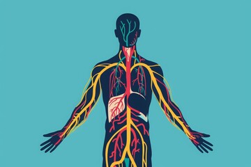 Illustration of human circulatory system showcasing veins and arteries in vibrant colors on a turquoise background.
