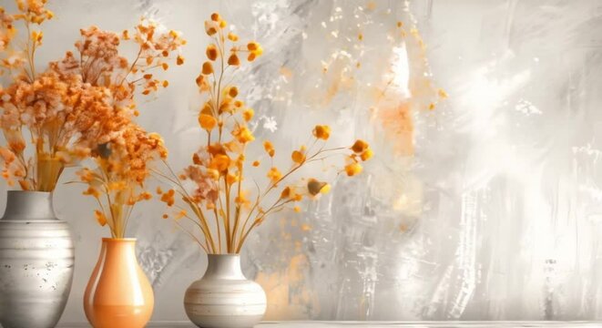 Decorative ceramic vases with dried flowers on a grey background. Concept Ceramic Vases, Dried Flowers, Decorative Display, Grey Background
