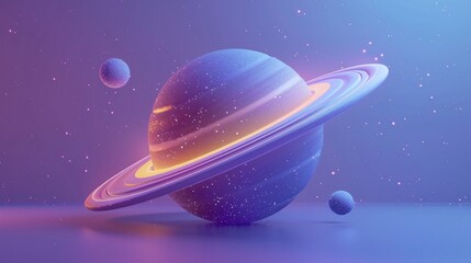 Naklejka premium Vibrant 3D illustration of a glowing planet with rings and moons, set against a gradient background, perfect for sci-fi and fantasy themes. 3D Illustration.