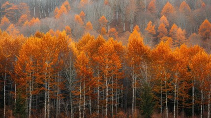 A tranquil forest displaying trees in different autumnal phases where most are orange while a few...