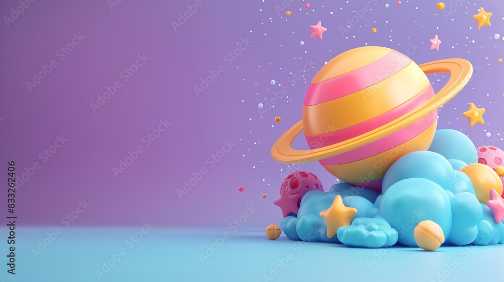 Poster whimsical 3d rendering of a vibrant planet with clouds and stars against a purple backdrop, evoking 