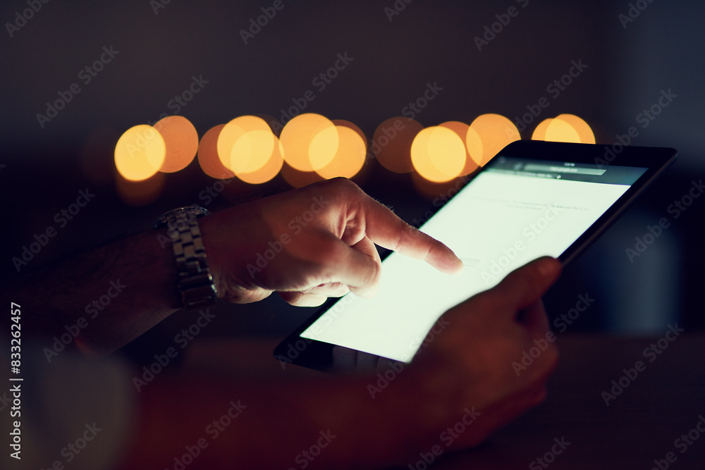 Poster hands, tablet and person browsing in the dark for communication at night on travel app or website. t