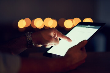 Hands, tablet and person browsing in the dark for communication at night on travel app or website....