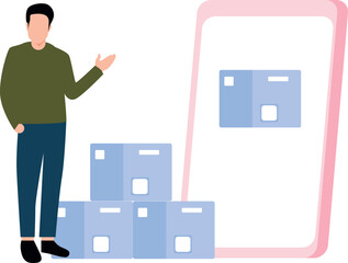 Boy pointing at parcel on mobile.