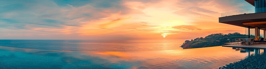 Fototapeta premium Infinity pool at a highend resort, sunset creating a beautiful gradient in the sky, sleek design and modern architecture, highdetail photography, luxurious and inviting scene