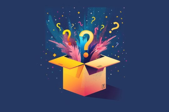A fun mystery box with question marks flying out of it, fun quiz box, logo, illustration