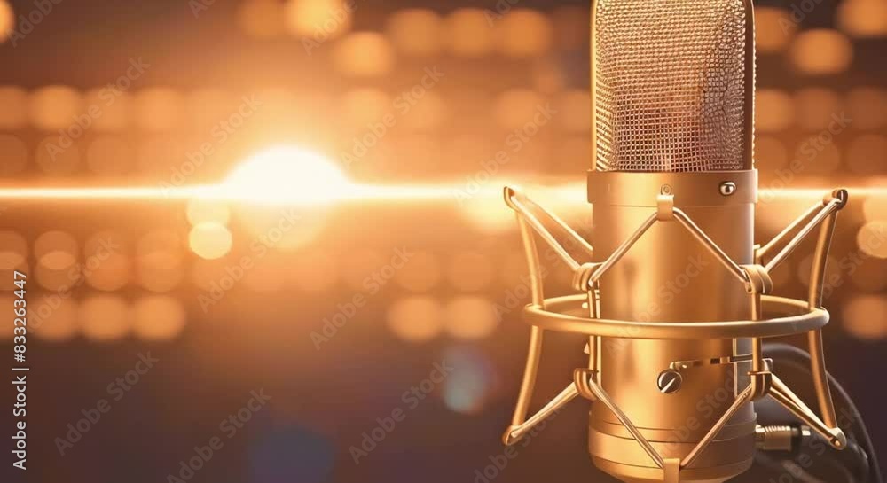 Poster capturing sound effects with a golden condenser microphone for studio recording. concept sound effec