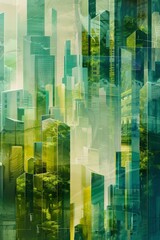 Cityscape that blends architectural elements with natural forms, illustrating a futuristic city where urban living nature coexist beautifully, palette of greens, blues, and earth tones, ai generated