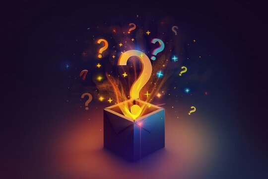 A fun mystery box with question marks flying out of it, fun quiz box, logo, illustration
