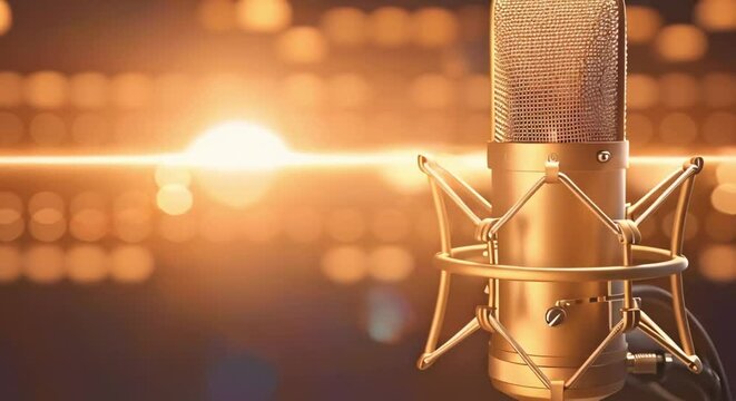 Capturing Sound Effects with a Golden Condenser Microphone for Studio Recording. Concept Sound Effects, Studio Recording, Golden Condenser Microphone, Capturing Audio, High-Quality Recording