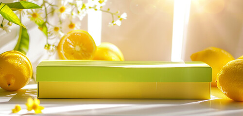 Rectangular blank box in lemon yellow with a green lid, creating a sunny and bright setup.