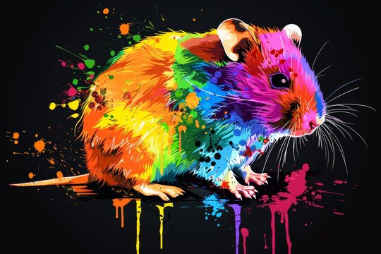 With watercolor splatters, this hamster is painted in neon colors against a black background in a pop art style.