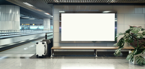 Realistic portrayal of a quiet airport setting with a compact blank billboard positioned near a baggage claim zone.