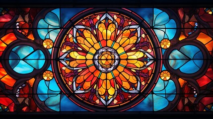 Vibrant stained glass window featuring intricate geometric patterns with vivid colors, capturing a beautiful blend of art and religious symbolism.
