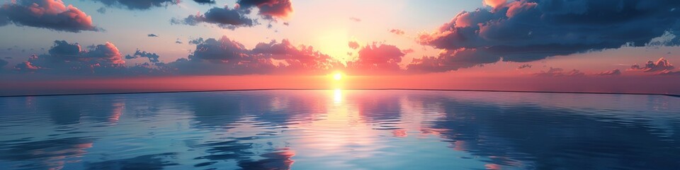 Obraz premium Infinity pool with an expansive view, vibrant sunset sky reflecting on the water, serene and tranquil atmosphere, realistic style, warm and cool tones blending together