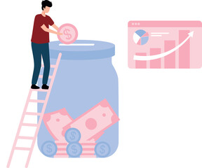 The boy is saving money in a jar.