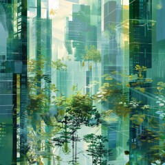 Cityscape that blends architectural elements with natural forms, illustrating a futuristic city where urban living nature coexist beautifully, palette of greens, blues, and earth tones, ai generated