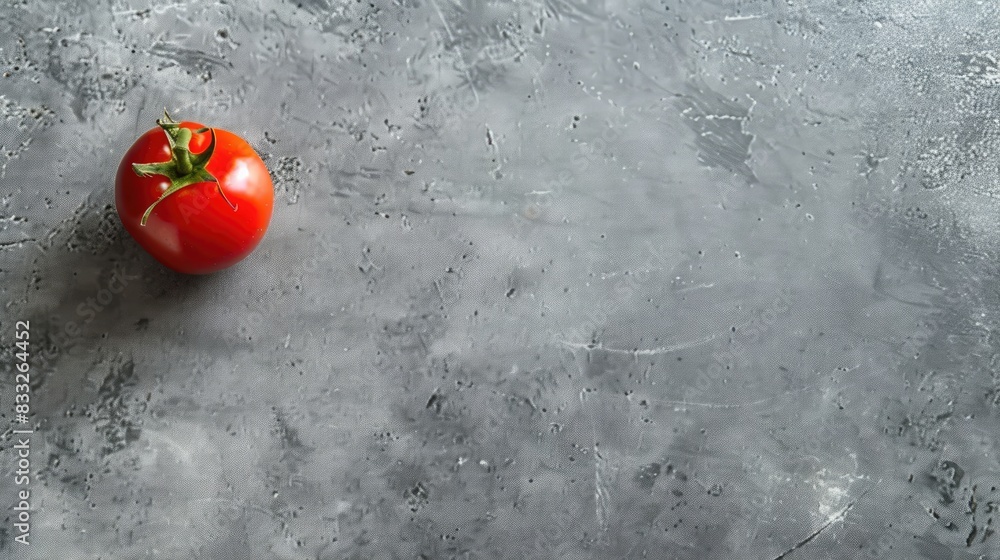 Poster cherry tomato placed on a gray surface seen from above with space for text