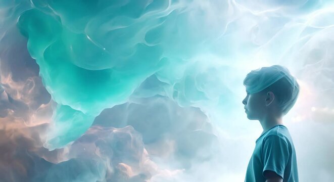 Boy explores holographic galaxy unlocks interdimensional adventure in virtual world. Concept Virtual Reality, Holographic Technology, Intergalactic Adventure, Exploration, Interdimensional Travel