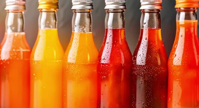 Row of Colorful Juice Bottles. Concept Food Photography, Beverage Display, Healthy Lifestyle, Refreshing Drinks, Tasty Beverage