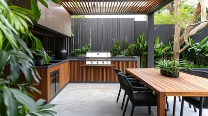A modern outdoor kitchen with wood accents, featuring an island table and grilling station, surrounded by plants in the backyard of an Australian home. The space is designed for social gatherings