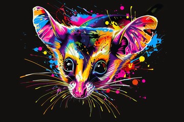 In a pop art style with watercolor splashes, Sugar Glider appears against a black backdrop in an abstract, neon color picture.