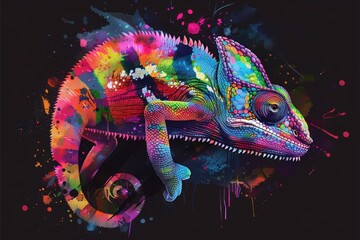 An abstract portrait of a Madagascar Chameleon with neon colors in an abstract style of pop art over a black backdrop. Digitally generated graphics.