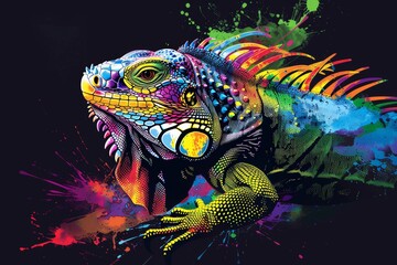 Featuring pop art-style neon-hued bearded dragon lizards superimposed on black backgrounds and splatters of watercolor.