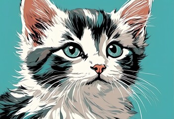 AI generated illustration of a cute kitten portrait on a vibrant background
