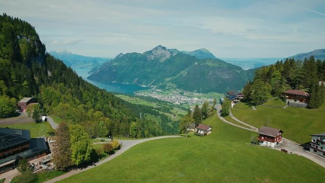 Picturesque view of lake Lucerne and green mountains in Switzerland, Stoos