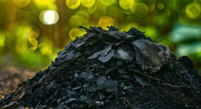 Biochar pile in garden increases soil carbon for better fertility and productivity. Concept Gardening, Soil Health, Biochar, Carbon Sequestration, Fertility