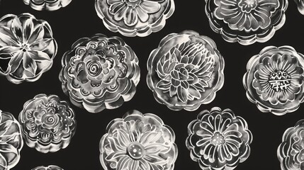 black and white floral pattern, intricate flower designs, suitable for backgrounds, wallpapers, and decorative graphics.