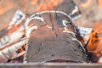 A close up of a log burning in a fire with flames emerging from it