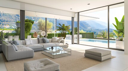 modern living room with large windows and a view of the garden and pool outside, white walls, a...