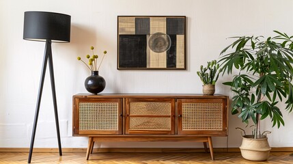 Abstract art painting in black and white, hanging on the wall above a modern sideboard with a wooden top and rattan cabinet at a boho style living room interior, a green plant in a pot as decoration,