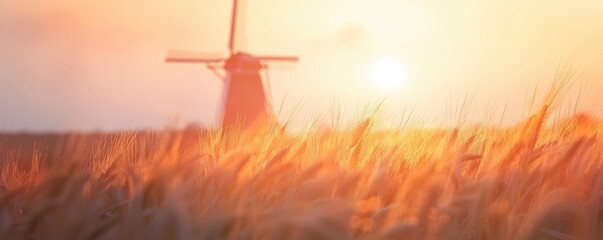 Beautiful blurred rural landscape background, huge golden wheat field with windmill at sunset, for background poster banner design.