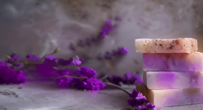 Luxurious natural soap bars featuring lavender, cotton, and patchouli on a stone background. Concept Soap products, Lavender, Cotton, Patchouli, Stone background