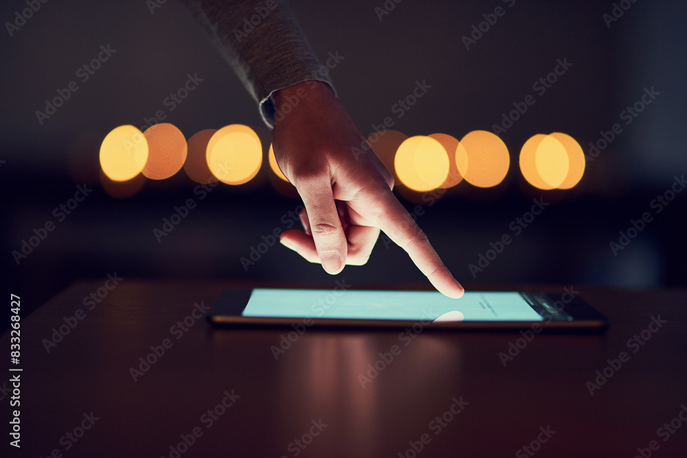 Poster Hand, screen and smartphone on table at night for social media, communication or networking. Bokeh, closeup and person with mobile for browsing internet, trending update or notification in home