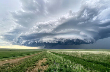Obraz premium Open prairie sunset with dramatic supercell thunderstorm.