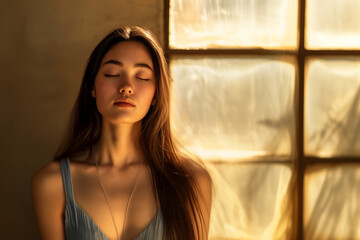Fototapeta premium Beautiful girl with closed eyes meditating, enjoying a tranquil moment by the window at sunset.