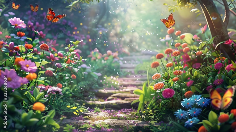 Poster the background was filled with a beautiful garden, bursting with colorful flowers in full bloom and 