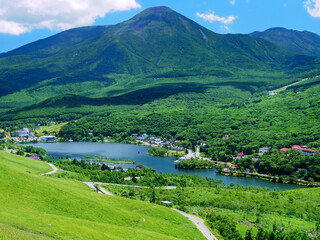 霧ヶ峰の草原と蓼科山と白樺湖