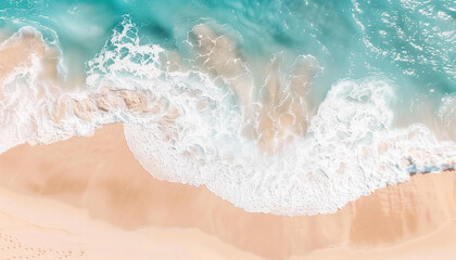Aerial view of tropical beach with turquoise sea and white foam waves on a sunny day. - Powered by Adobe